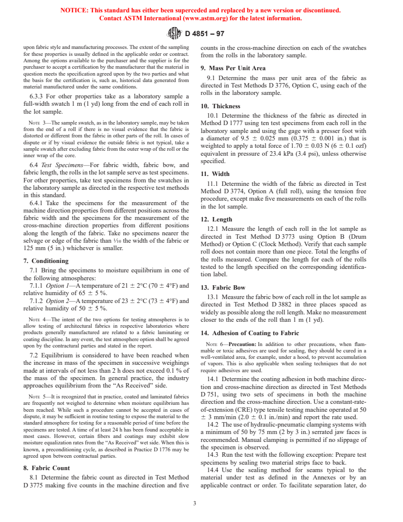 ASTM D4851-97 - Standard Test Methods for Coated and Laminated Fabrics for Architectural Use