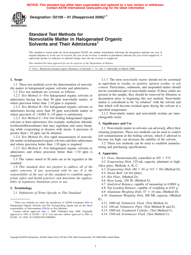 ASTM D2109-01(2006)e1 - Standard Test Methods for Nonvolatile Matter in Halogenated Organic<br>  Solvents and Their Admixtures