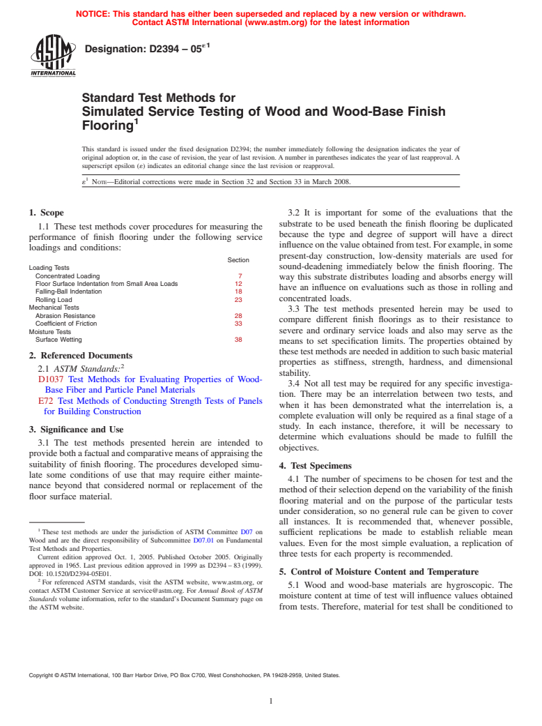 ASTM D2394-05e1 - Standard Test Methods for  Simulated Service Testing of Wood and Wood-Base Finish Flooring