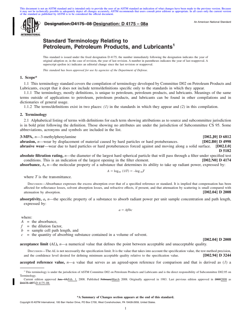 REDLINE ASTM D4175-08a - Standard Terminology Relating to Petroleum, Petroleum Products, and Lubricants