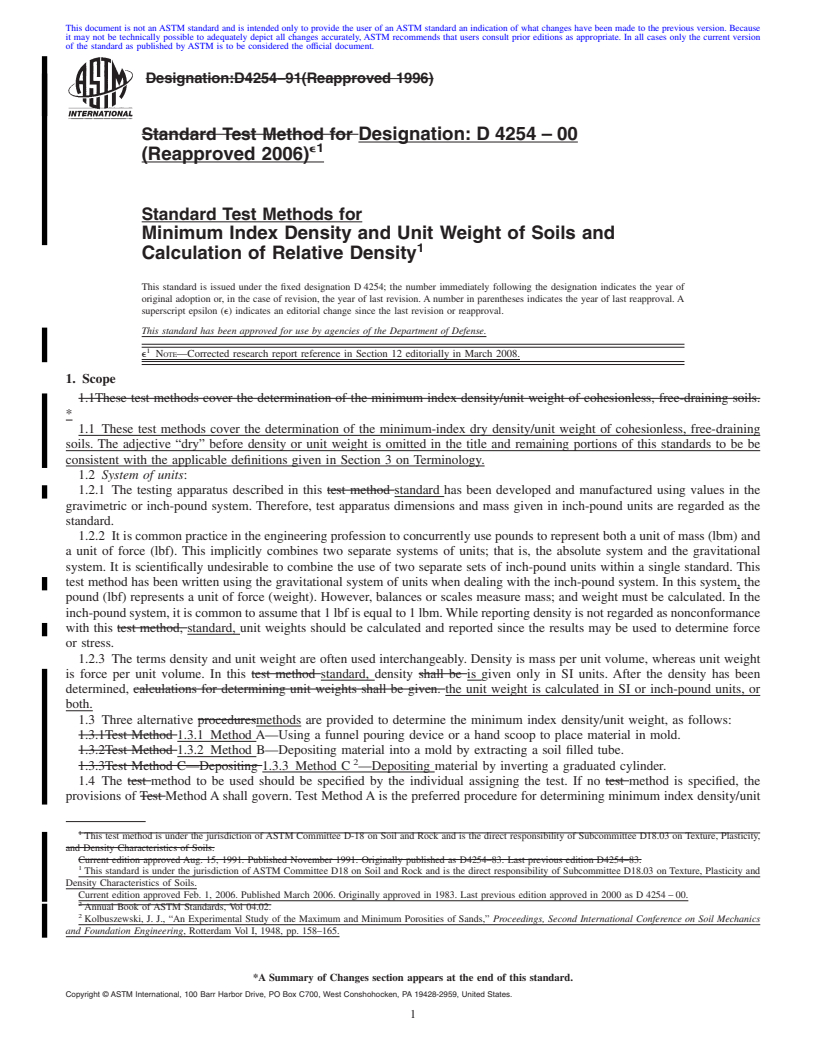 REDLINE ASTM D4254-00(2006)e1 - Standard Test Methods for Minimum Index Density and Unit Weight of Soils and Calculation of Relative Density