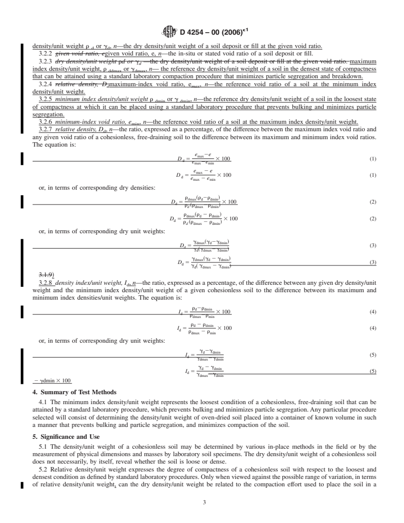 REDLINE ASTM D4254-00(2006)e1 - Standard Test Methods for Minimum Index Density and Unit Weight of Soils and Calculation of Relative Density