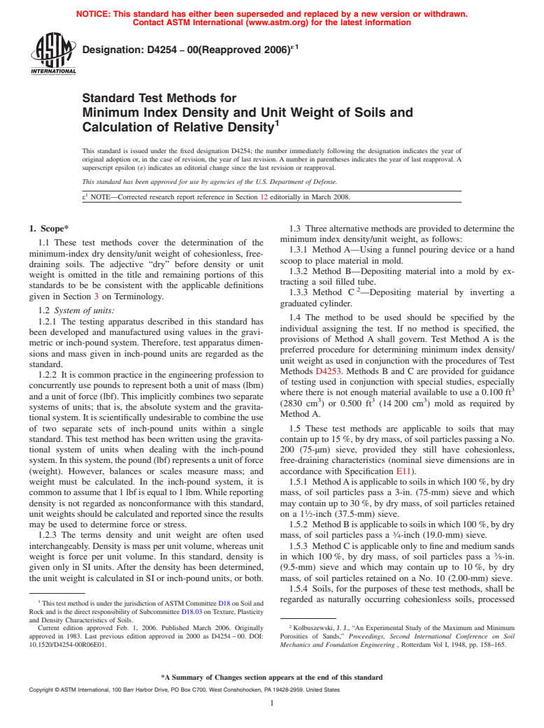 ASTM D4254-00(2006)e1 - Standard Test Methods for Minimum Index Density and Unit Weight of Soils and Calculation of Relative Density