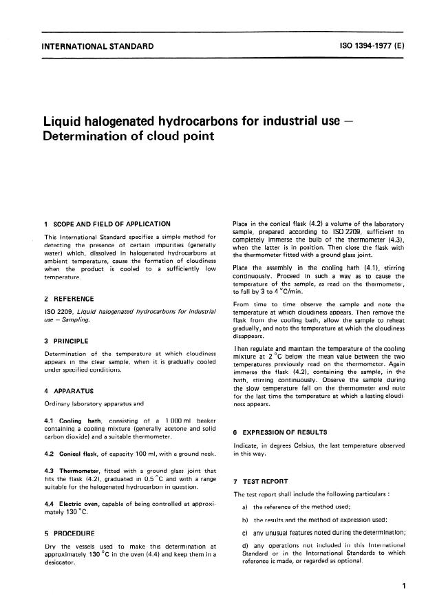 ISO 1394:1977 - Liquid halogenated hydrocarbons for industrial use -- Determination of cloud point