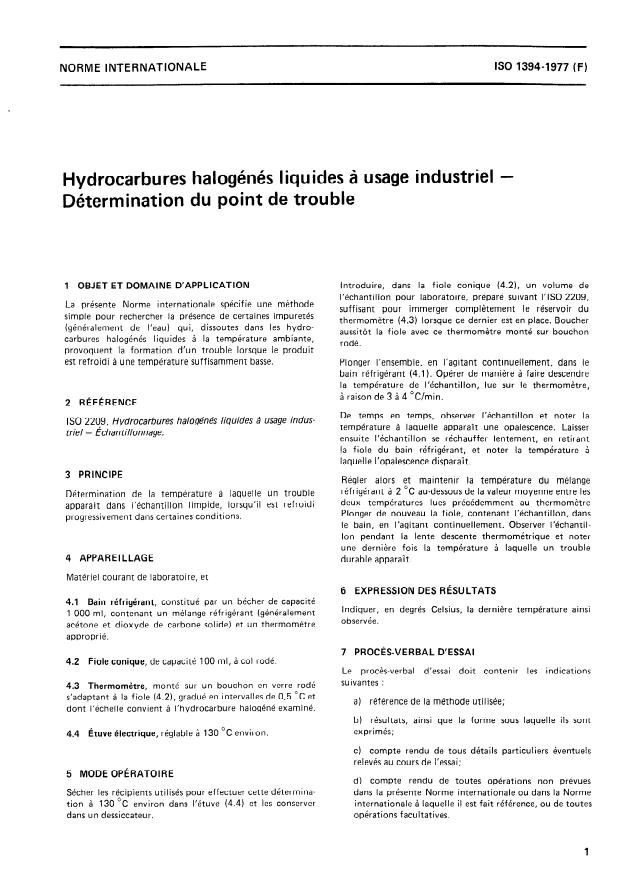 ISO 1394:1977 - Hydrocarbures halogénés liquides a usage industriel -- Détermination du point de trouble