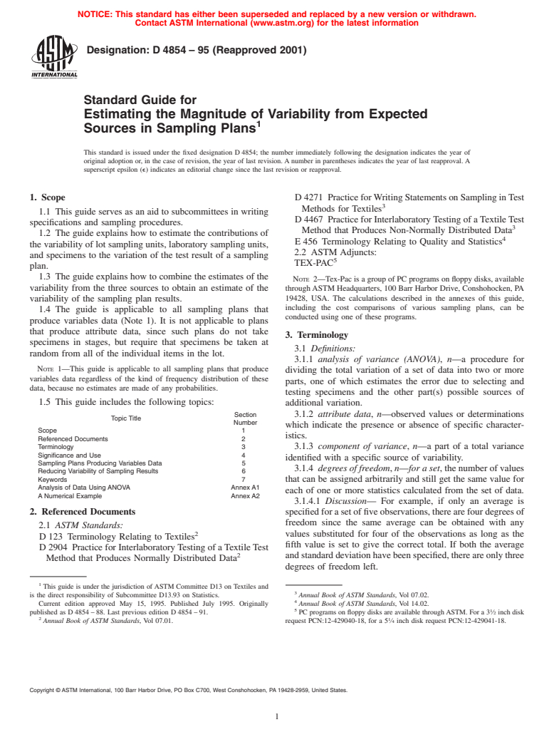 ASTM D4854-95(2001) - Standard Guide for Estimating the Magnitude of Variability from Expected Sources in Sampling Plans (Withdrawn 2009)