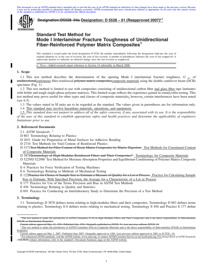 REDLINE ASTM D5528-01(2007)e1 - Standard Test Method for Mode I Interlaminar Fracture Toughness of Unidirectional Fiber-Reinforced Polymer Matrix Composites