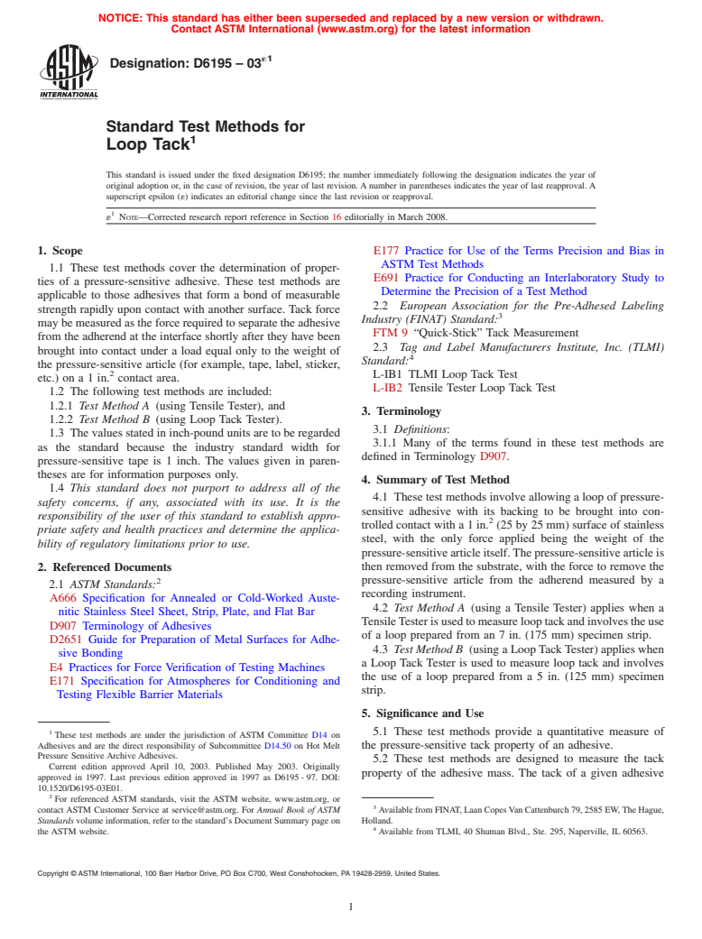 ASTM D6195-03e1 - Standard Test Methods for Loop Tack