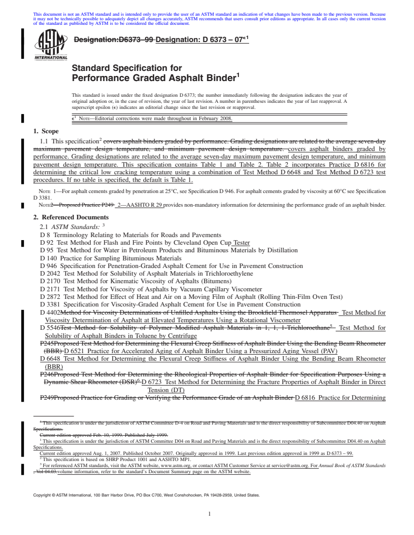 REDLINE ASTM D6373-07e1 - Standard Specification for Performance Graded Asphalt Binder