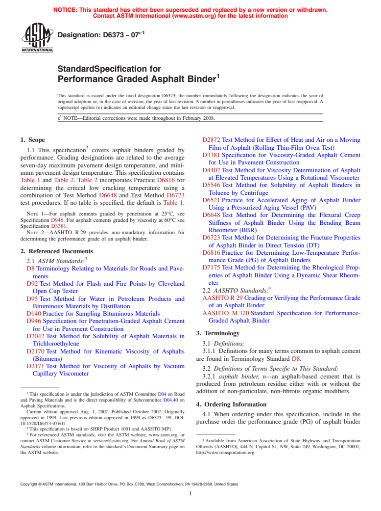 ASTM D6373-07e1 - Standard Specification for Performance Graded Asphalt Binder