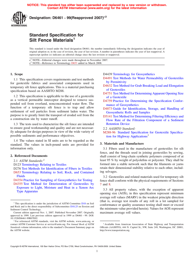 ASTM D6461-99(2007)e2 - Standard Specification for Silt Fence Materials (Withdrawn 2016)