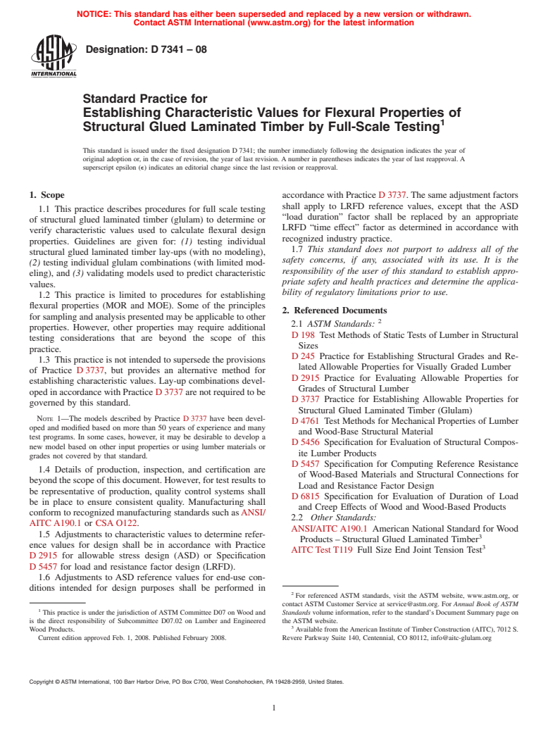 ASTM D7341-08 - Standard Practice for Establishing Characteristic Values for Flexural Properties of Structural Glued Laminated Timber by Full-Scale Testing