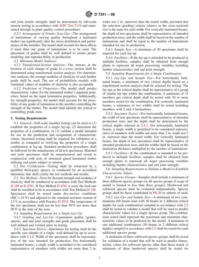 ASTM D7341-08 - Standard Practice for Establishing Characteristic Values for Flexural Properties of Structural Glued Laminated Timber by Full-Scale Testing