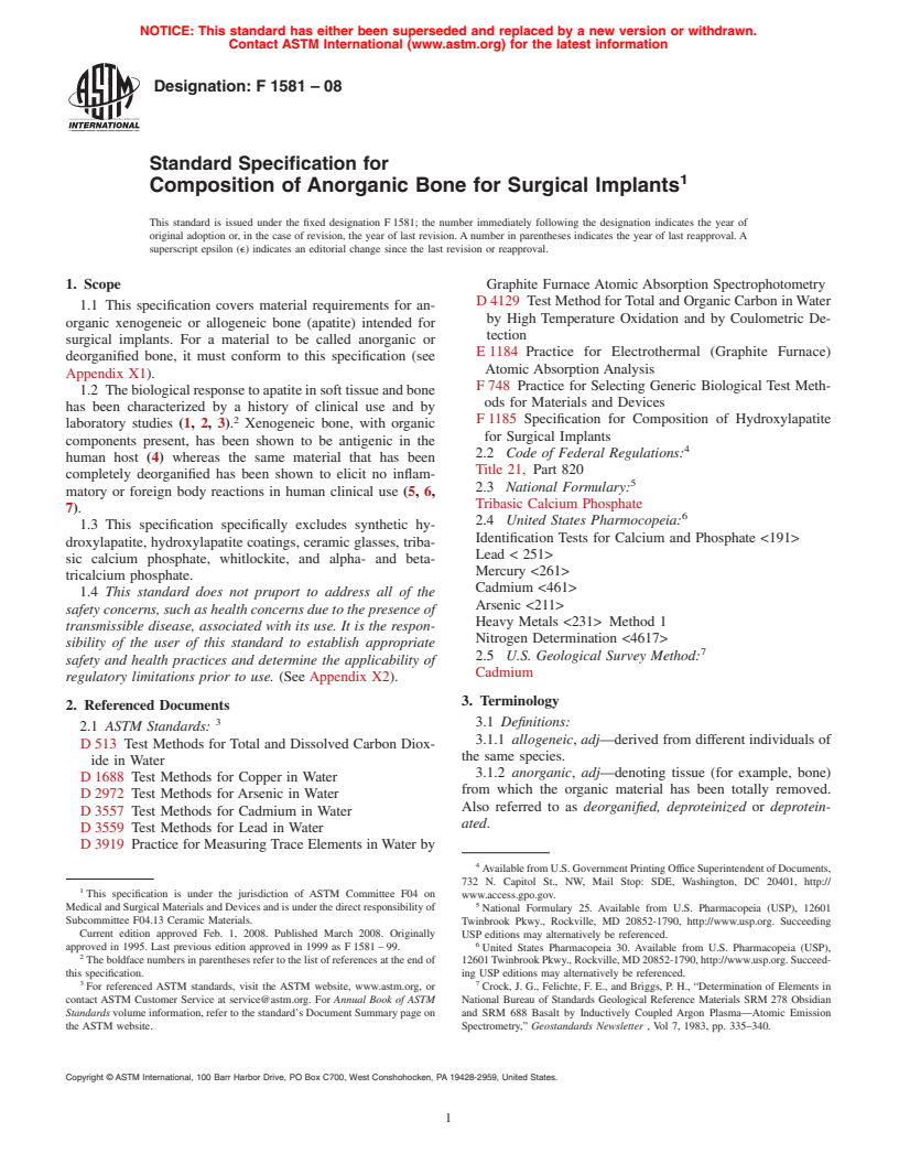 ASTM F1581-08 - Standard Specification for  Composition of Anorganic Bone for Surgical Implants