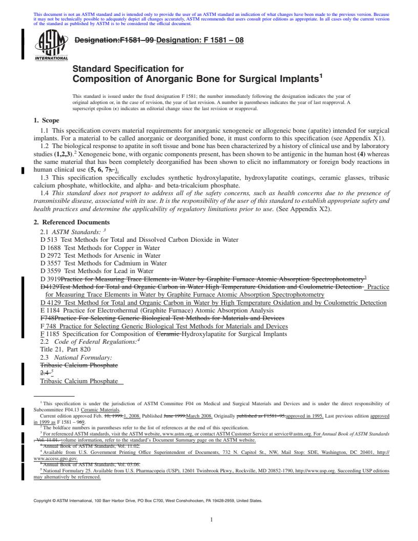 REDLINE ASTM F1581-08 - Standard Specification for  Composition of Anorganic Bone for Surgical Implants