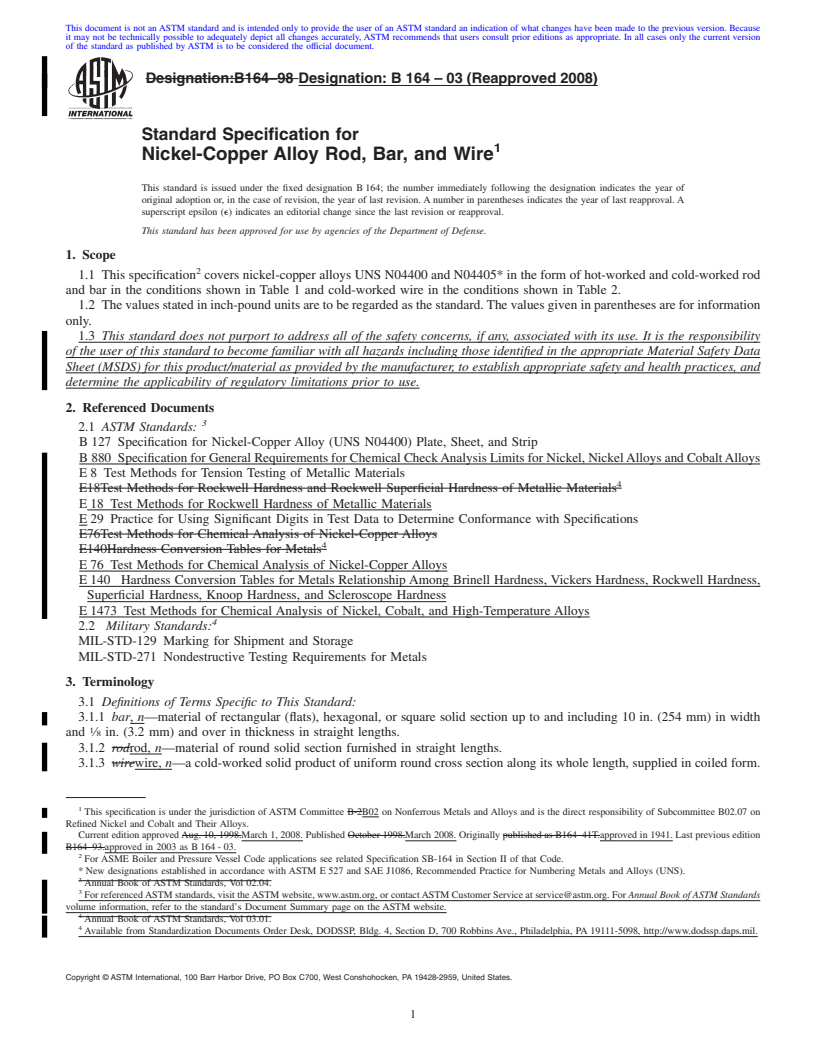 REDLINE ASTM B164-03(2008) - Standard Specification for  Nickel-Copper Alloy Rod, Bar, and Wire