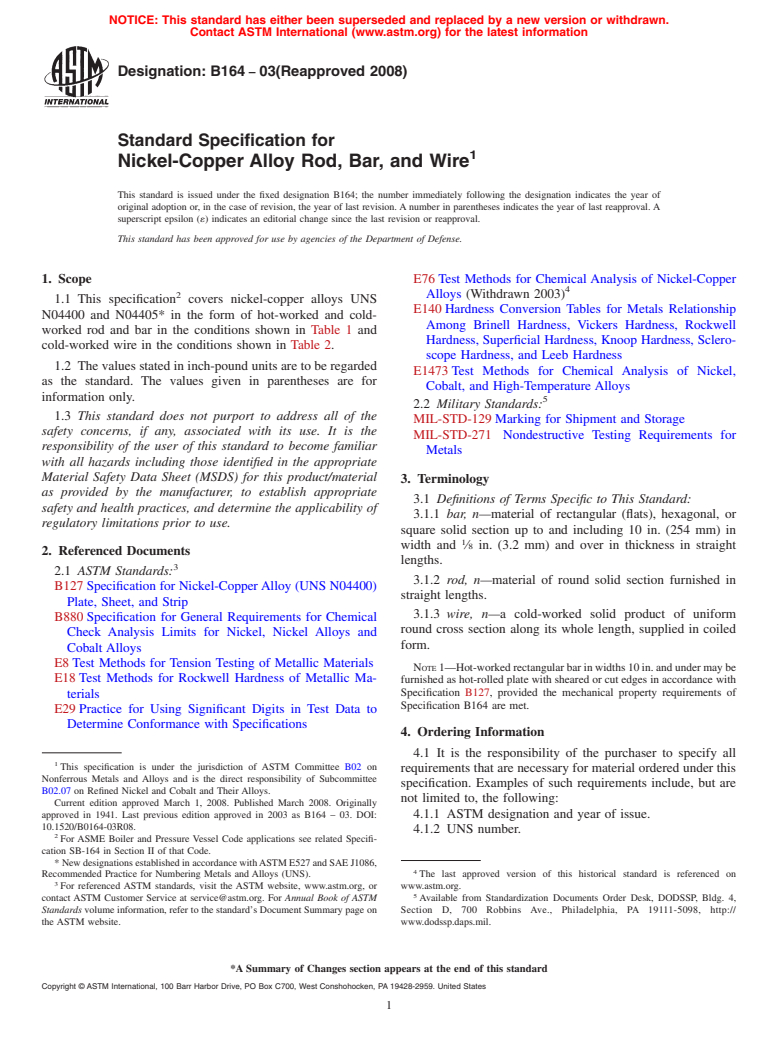 ASTM B164-03(2008) - Standard Specification for  Nickel-Copper Alloy Rod, Bar, and Wire