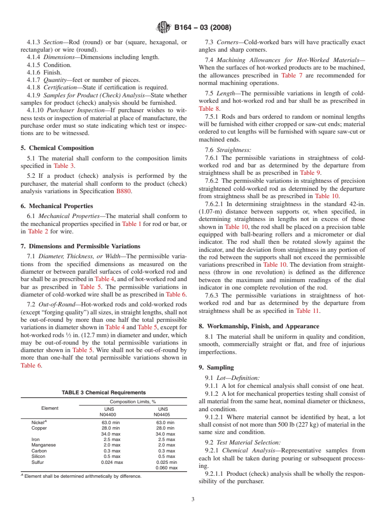 ASTM B164-03(2008) - Standard Specification for  Nickel-Copper Alloy Rod, Bar, and Wire