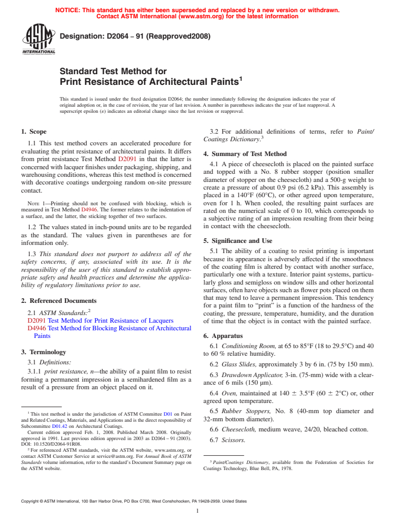 ASTM D2064-91(2008) - Standard Test Method for Print Resistance of Architectural Paints