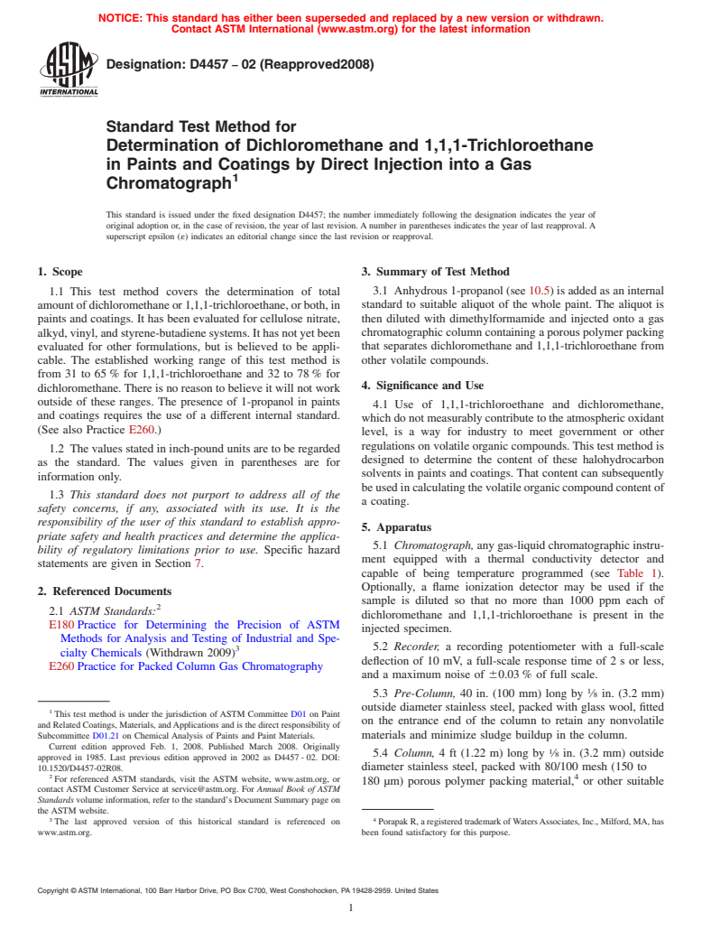 ASTM D4457-02(2008) - Standard Test Method for  Determination of Dichloromethane and 1,1,1-Trichloroethane in Paints    and Coatings by Direct Injection into a Gas Chromatograph