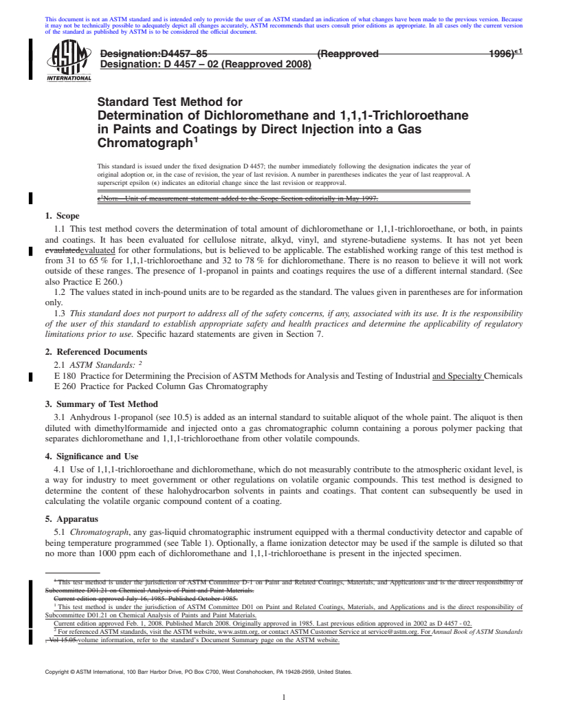 REDLINE ASTM D4457-02(2008) - Standard Test Method for  Determination of Dichloromethane and 1,1,1-Trichloroethane in Paints    and Coatings by Direct Injection into a Gas Chromatograph