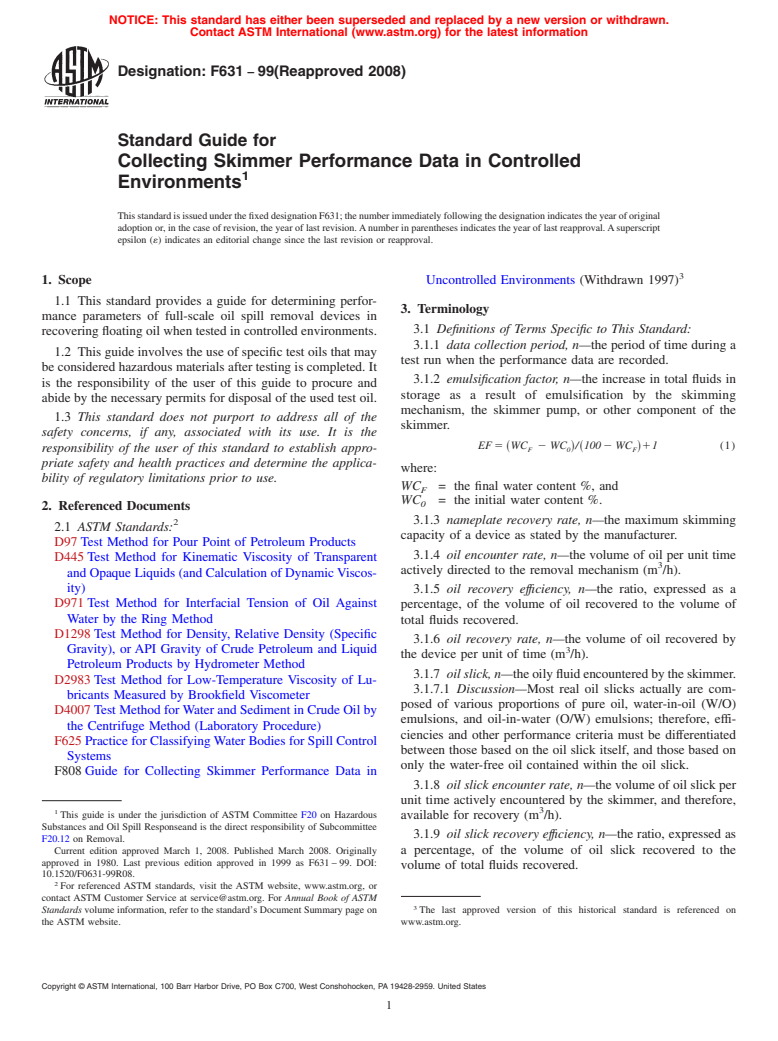 ASTM F631-99(2008) - Standard Guide for Collecting Skimmer Performance Data in Controlled Environments