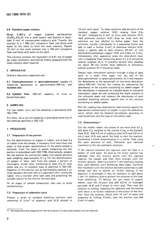 ISO 1396:1975 ISO 1396:1975 - Vulcanized and unvulcanized compounded rubber -- Determination of copper content -- Zinc diethyldithiocarbamate photometric method - Page 4 preview