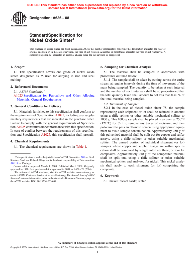 ASTM A636-08 - Standard Specification for  Nickel Oxide Sinter