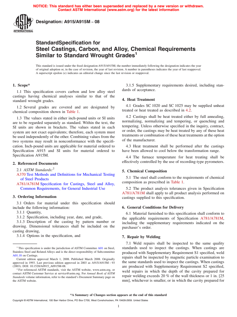 ASTM A915/A915M-08 - Standard Specification for  Steel Castings, Carbon, and Alloy, Chemical Requirements Similar to Standard Wrought Grades