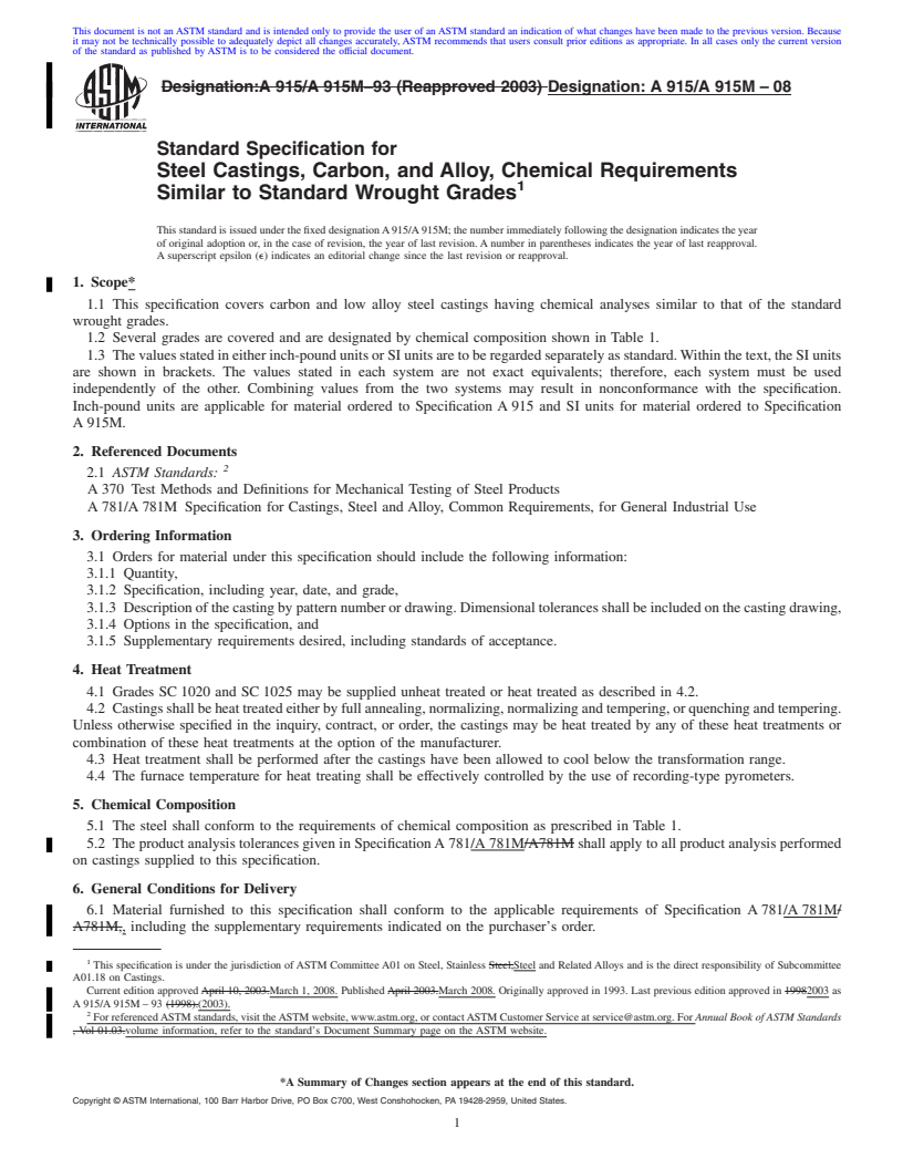 REDLINE ASTM A915/A915M-08 - Standard Specification for  Steel Castings, Carbon, and Alloy, Chemical Requirements Similar to Standard Wrought Grades