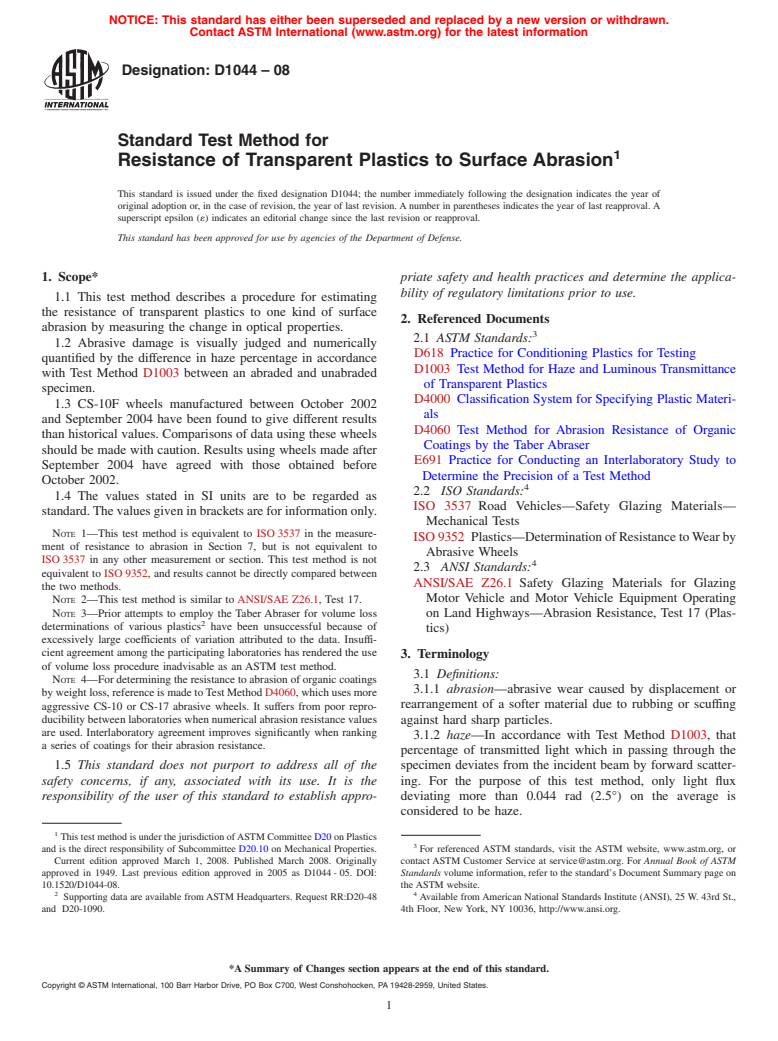 ASTM D1044-08 - Standard Test Method for  Resistance of Transparent Plastics to Surface Abrasion