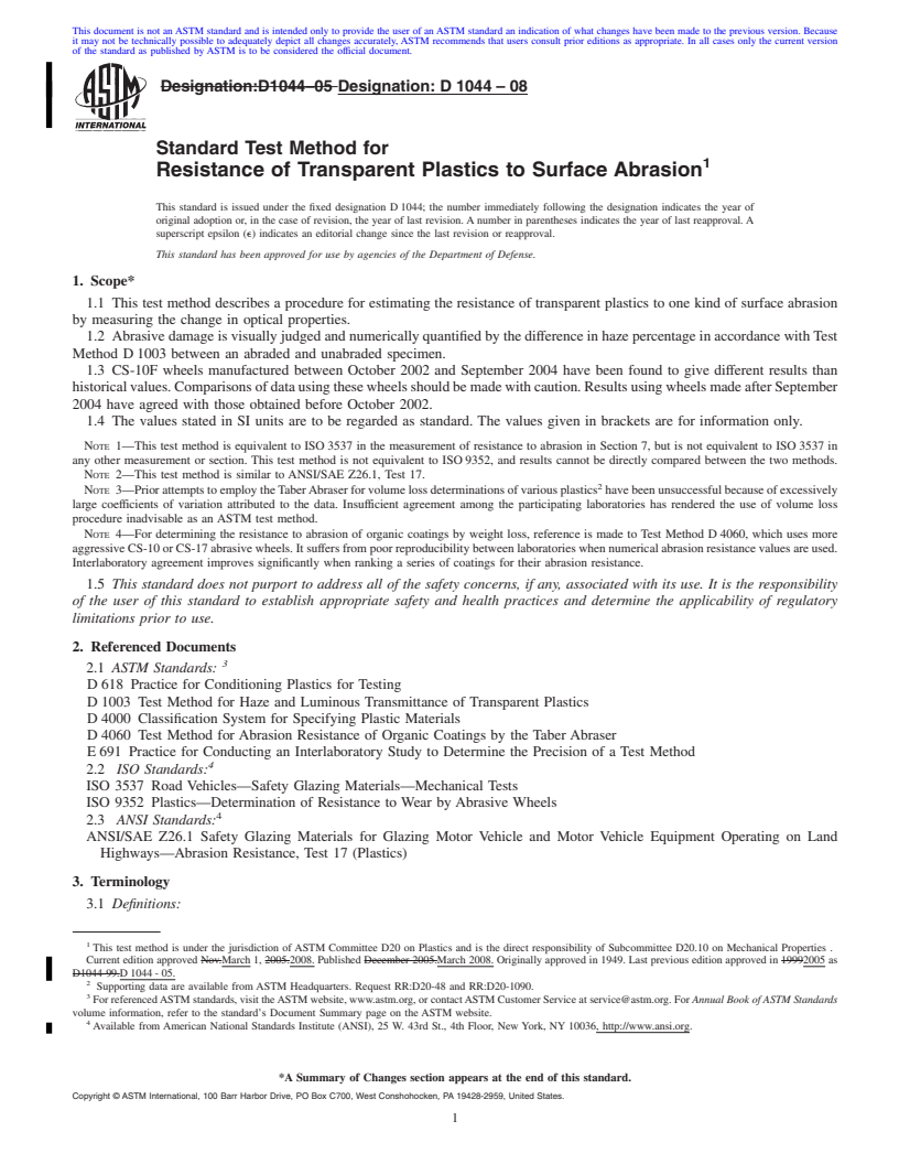 REDLINE ASTM D1044-08 - Standard Test Method for  Resistance of Transparent Plastics to Surface Abrasion