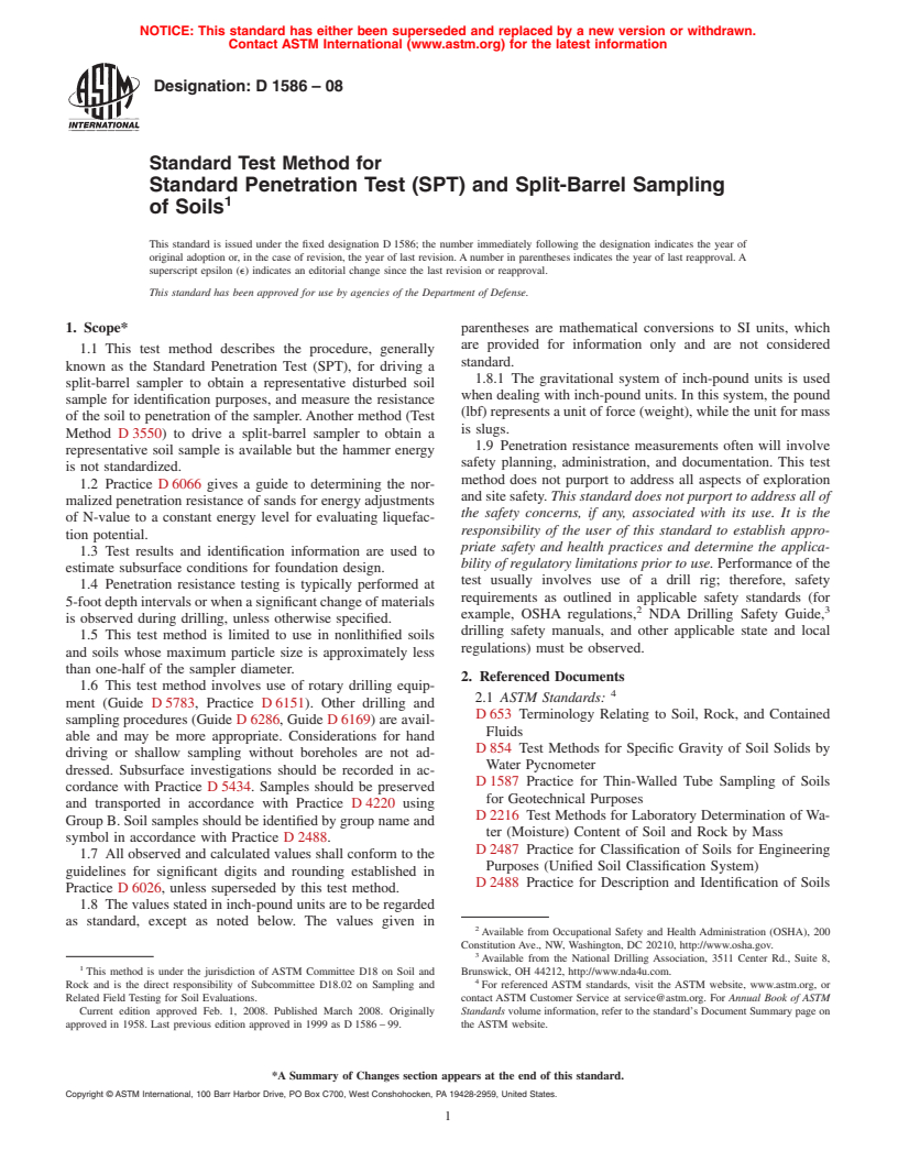 ASTM D1586-08 - Standard Test Method for  Standard Penetration Test (SPT) and Split-Barrel Sampling of Soils