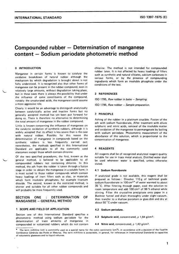 ISO 1397:1975 - Compounded rubber -- Determination of manganese content -- Sodium periodate photometric method