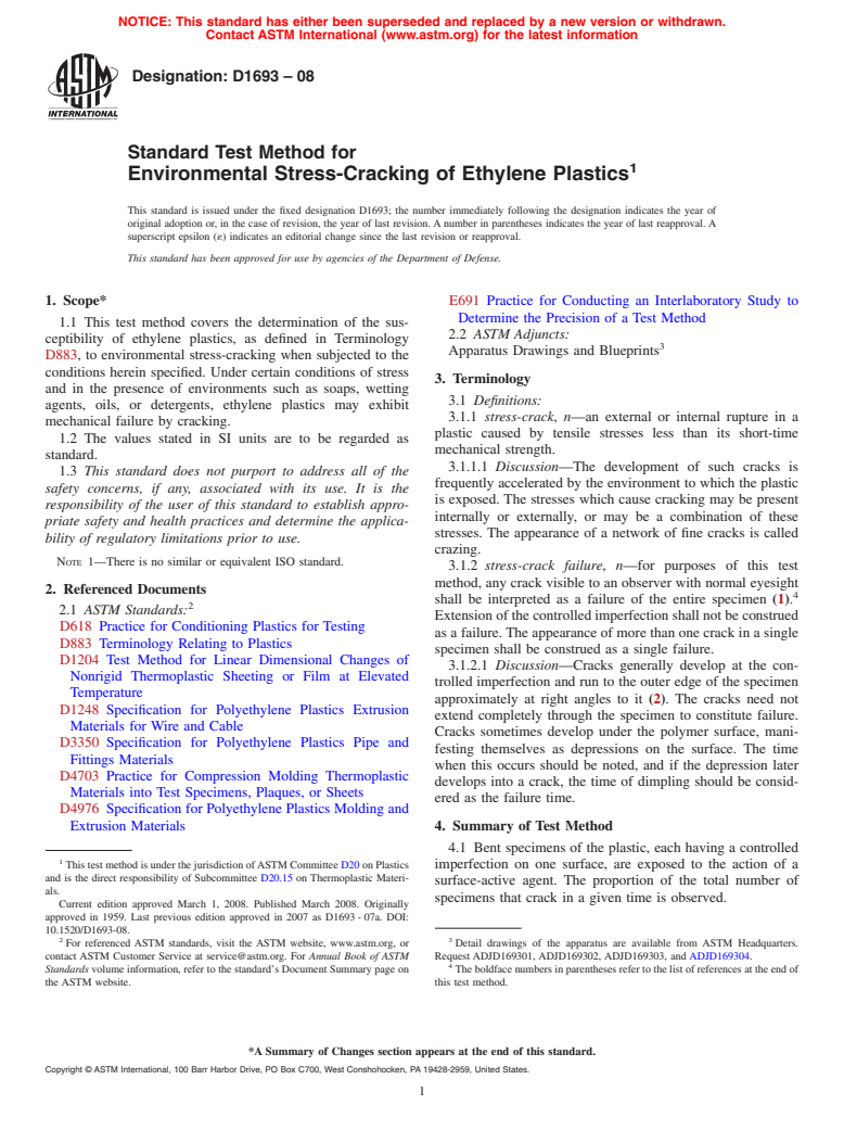 ASTM D1693-08 - Standard Test Method for  Environmental Stress-Cracking of Ethylene Plastics