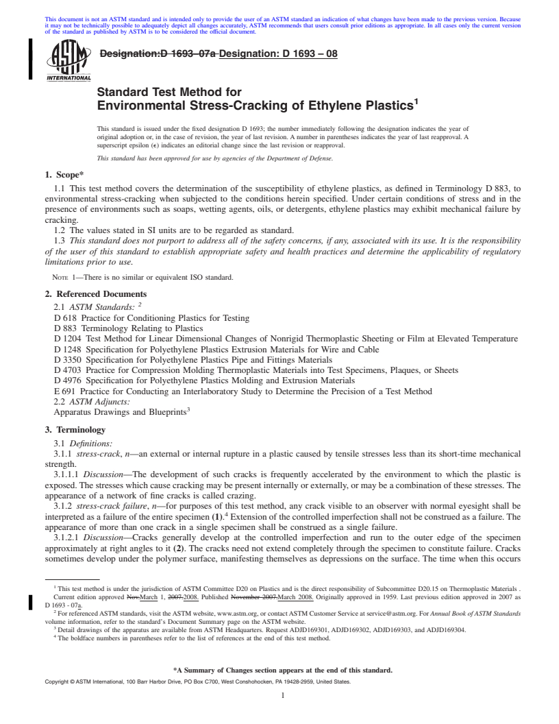 REDLINE ASTM D1693-08 - Standard Test Method for  Environmental Stress-Cracking of Ethylene Plastics