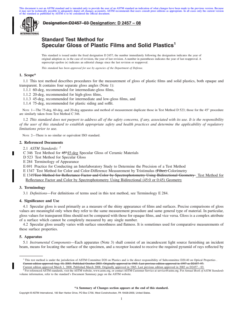 REDLINE ASTM D2457-08 - Standard Test Method for Specular Gloss of Plastic Films and Solid Plastics