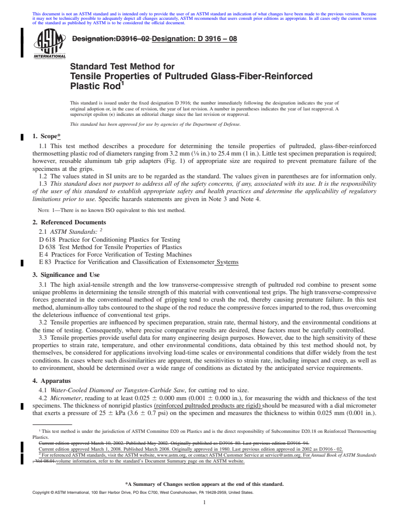 REDLINE ASTM D3916-08 - Standard Test Method for  Tensile Properties of Pultruded Glass-Fiber-Reinforced Plastic Rod