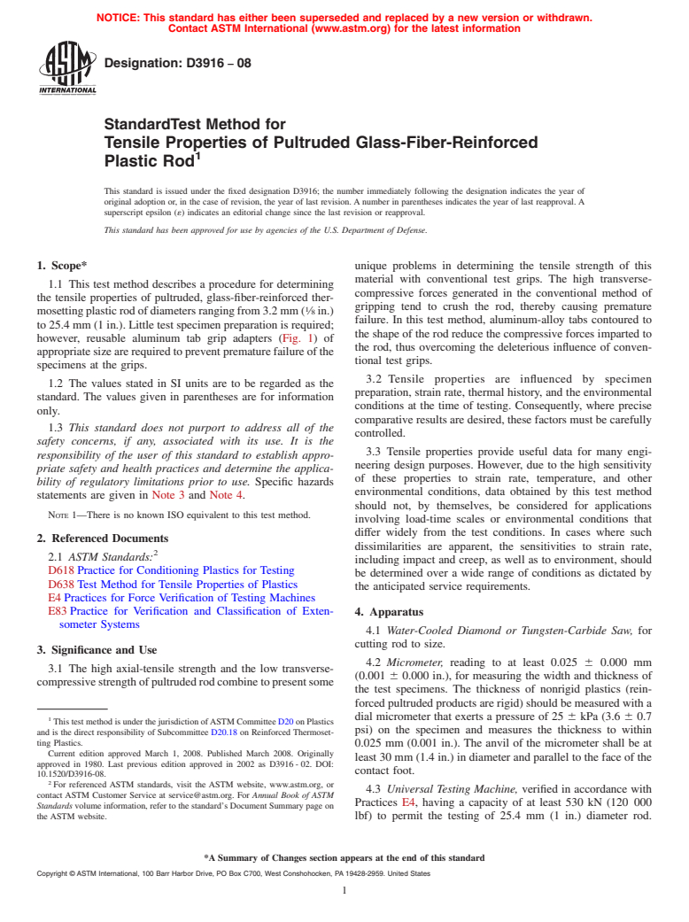 ASTM D3916-08 - Standard Test Method for  Tensile Properties of Pultruded Glass-Fiber-Reinforced Plastic Rod