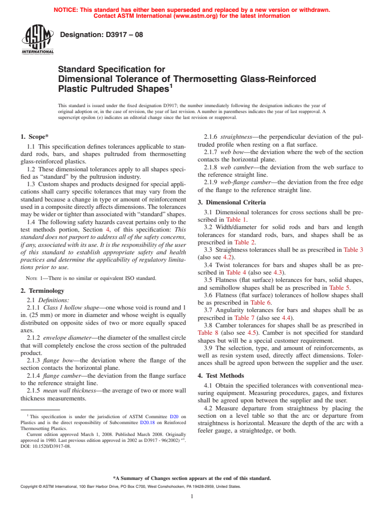 ASTM D3917-08 - Standard Specification for  Dimensional Tolerance of Thermosetting Glass-Reinforced Plastic Pultruded Shapes