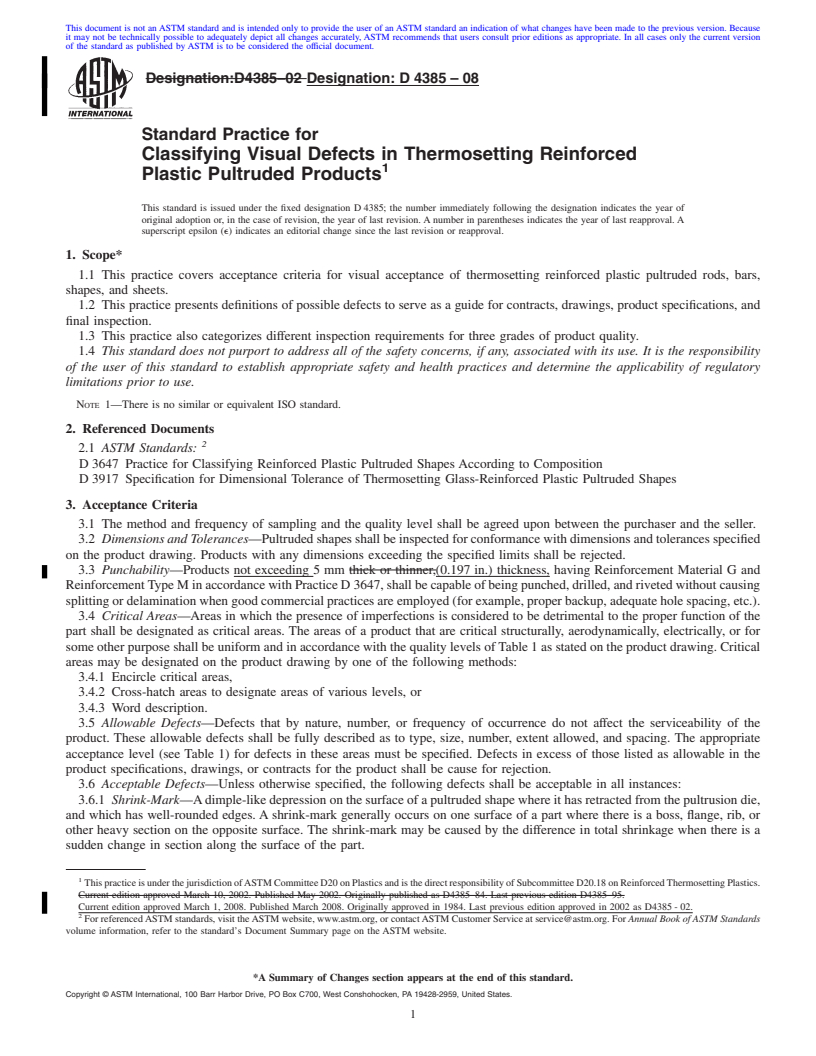 REDLINE ASTM D4385-08 - Standard Practice for  Classifying Visual Defects in Thermosetting Reinforced Plastic Pultruded Products