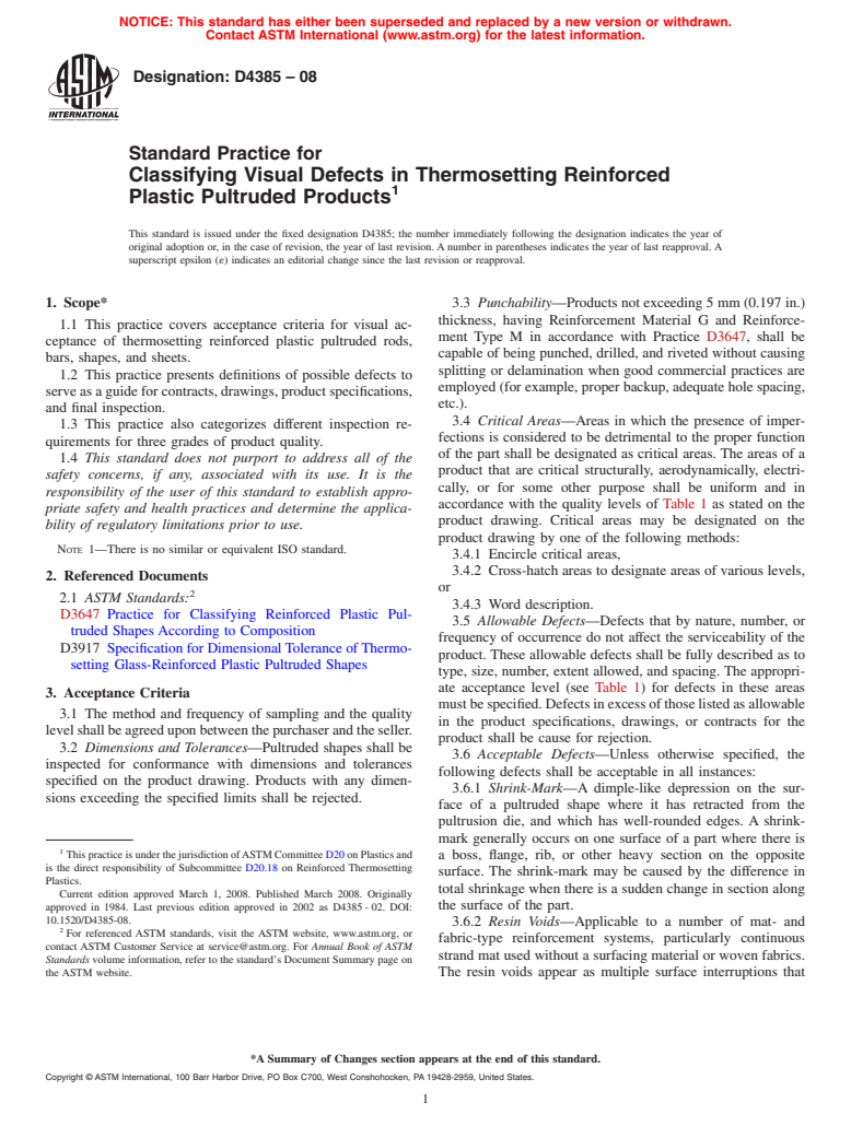 ASTM D4385-08 - Standard Practice for  Classifying Visual Defects in Thermosetting Reinforced Plastic Pultruded Products