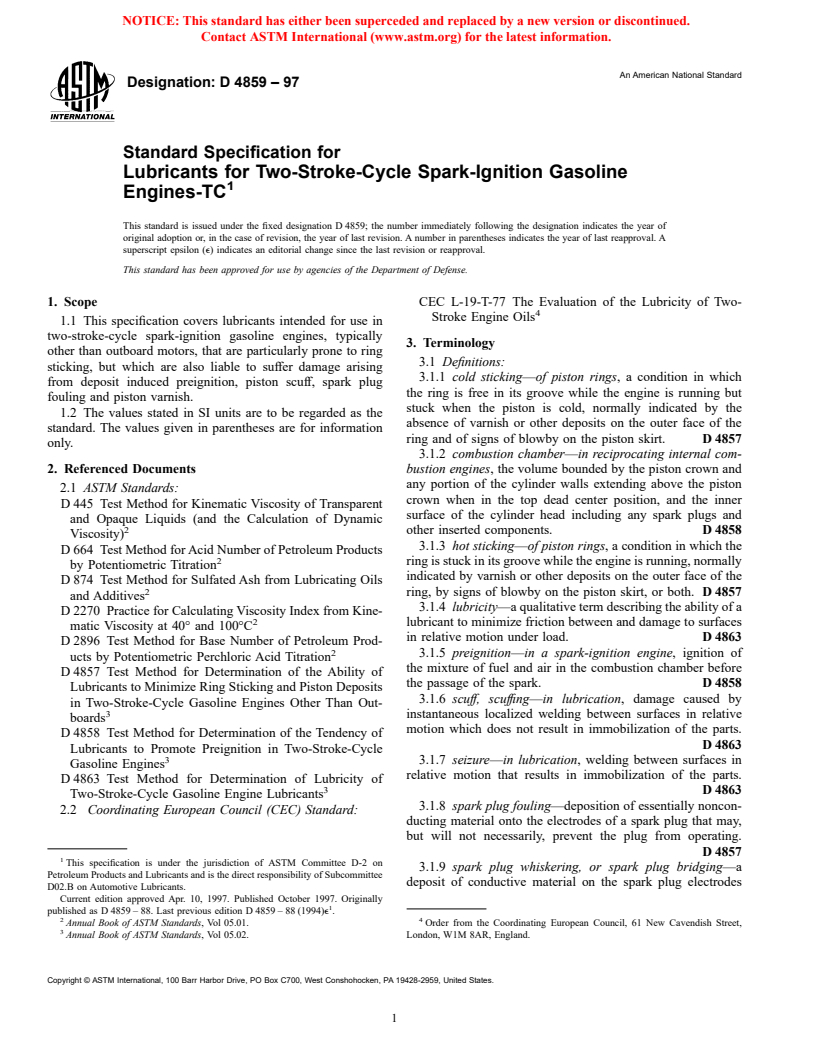 ASTM D4859-97 - Standard Specification for Lubricants for Two-Stroke-Cycle Spark-Ignition Gasoline Engines-TC