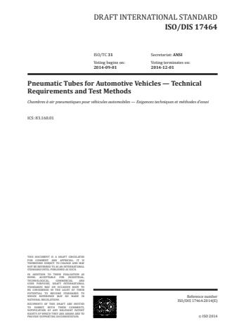 ISO 17464:2016 - Pneumatic tubes for automotive vehicles -- Technical requirements and test methods
