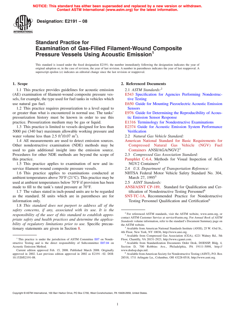 ASTM E2191-08 - Standard Practice for Examination of Gas-Filled Filament-Wound Composite Pressure Vessels Using Acoustic Emission