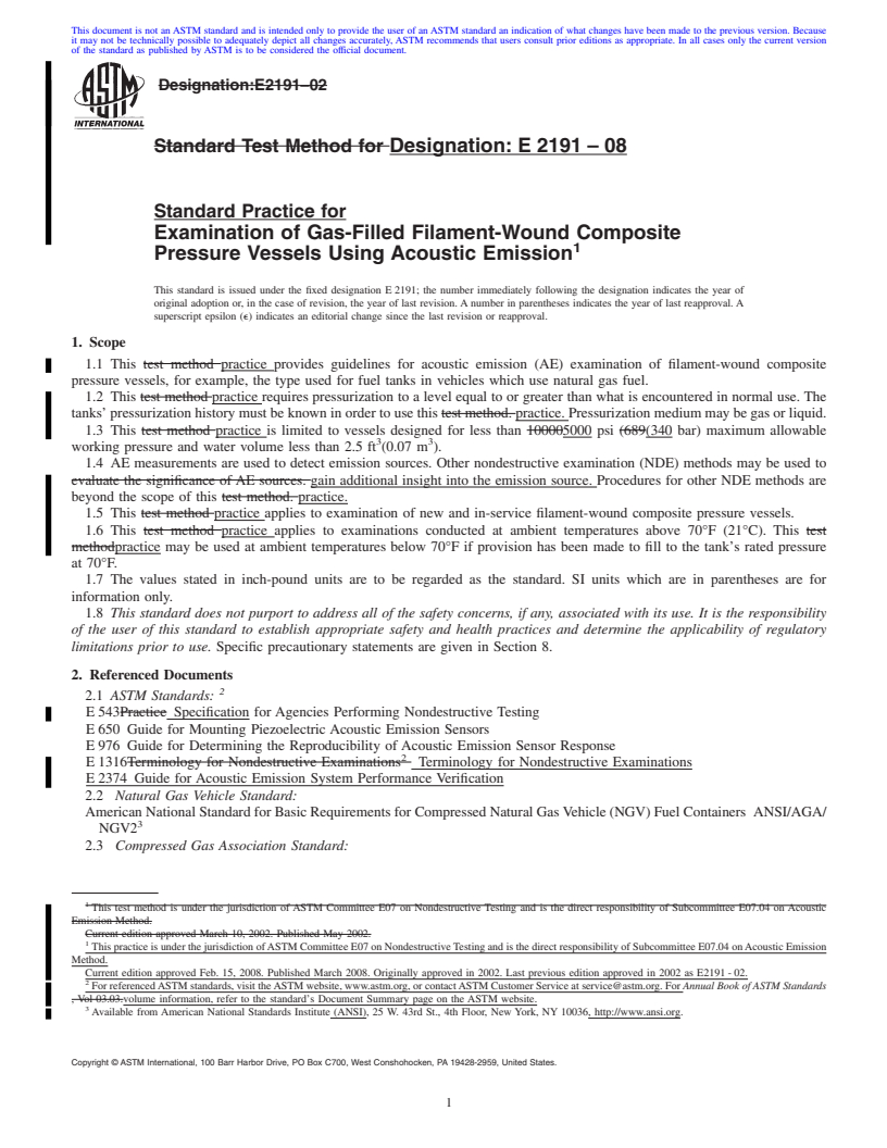 REDLINE ASTM E2191-08 - Standard Practice for Examination of Gas-Filled Filament-Wound Composite Pressure Vessels Using Acoustic Emission