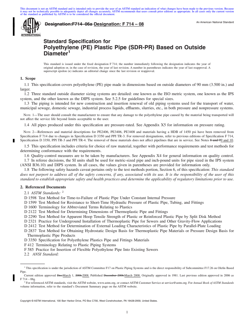 REDLINE ASTM F714-08 - Standard Specification for  Polyethylene (PE) Plastic Pipe (SDR-PR) Based on Outside Diameter