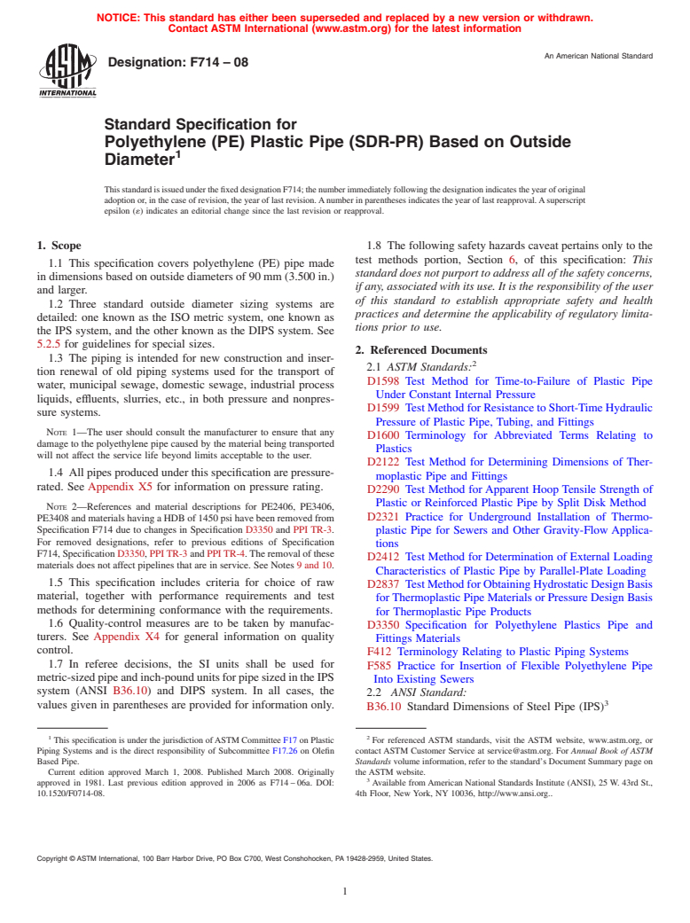 ASTM F714-08 - Standard Specification for  Polyethylene (PE) Plastic Pipe (SDR-PR) Based on Outside Diameter