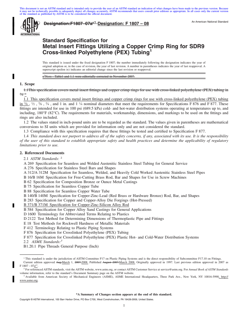 REDLINE ASTM F1807-08 - Standard Specification for  Metal Insert Fittings Utilizing a Copper Crimp Ring for SDR9 Cross-linked Polyethylene (PEX) Tubing