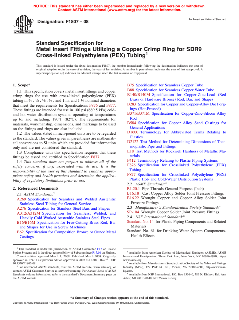 ASTM F1807-08 - Standard Specification for  Metal Insert Fittings Utilizing a Copper Crimp Ring for SDR9 Cross-linked Polyethylene (PEX) Tubing